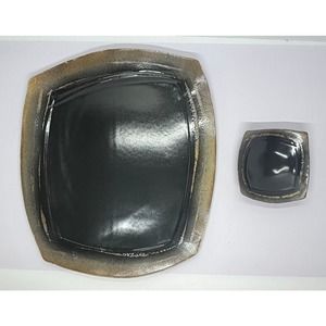 Studio Art Pottery Signed Chip and Dip Plate and Bowl Brown Black Shimmery